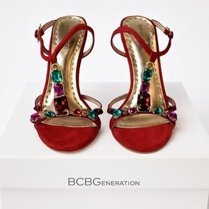 New BCBGeneration Red Strappy Heels with Colorful Gem Embellishments